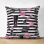 - Suet-K-3286 - Realhomes  Siyah Çizgili Popart Makeup Desenli Çift Taraflı Dekoratif Süet Yastık Kırlent Kılıfı Realhomes