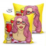 - Suet-K-3287-1 - Realhomes  Sarı Zeminli Popart Girl Desenli Çift Taraflı Dekoratif Süet Yastık Kırlent Kılıfı Realhomes