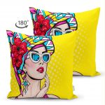 Sarı Zeminli Summer Popart Tasarımlı Çift Taraflı Dekoratif Süet Yastık Kırlent Kılıfı Realhomes