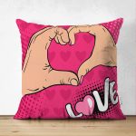 - Suet-K-3299 - Realhomes  Pembe Love Popart Tasarımlı Çift Taraflı Dijital Baskılı Süet Yastık Kırlent Kılıfı Realhomes
