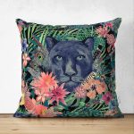 - Suet-K-3309 - Realhomes Lacivert Zeminli Leopar Çift Taraflı Özel Tasarım Dekoratif Süet Yastık Kırlent Kılıfı Realhomes