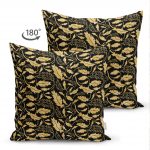 - Suet-K-3310-1 - Realhomes  Siyah Zeminli Altın Yapraklar Motifli Çift Taraflı Dekoratif Süet Yastık Kırlent Kılıfı Realhomes