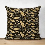 - Suet-K-3310 - Realhomes  Siyah Zeminli Altın Yapraklar Motifli Çift Taraflı Dekoratif Süet Yastık Kırlent Kılıfı Realhomes