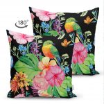 - Suet-K-3312-1 - Realhomes  Watercolor Çiçek ve Kuş Motifli Çift Taraflı Özel Tasarım Süet Yastık Kırlent Kılıfı Realhomes