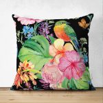 - Suet-K-3312 - Realhomes  Watercolor Çiçek ve Kuş Motifli Çift Taraflı Özel Tasarım Süet Yastık Kırlent Kılıfı Realhomes