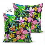 - Suet-K-3313-1 - Realhomes Lacivert Zeminli Tropikal Desenli Çift Taraflı Dijital Baskılı Süet Yastık Kırlent Kılıfı Realhomes