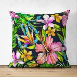 - Suet-K-3313 - Realhomes Lacivert Zeminli Tropikal Desenli Çift Taraflı Dijital Baskılı Süet Yastık Kırlent Kılıfı Realhomes