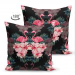 - Suet-K-3314-1 - Realhomes  Siyah Zeminde Lilyum ve Flamingo Çift Taraflı Özel Tasarım Süet Yastık Kırlent Kılıfı Realhomes