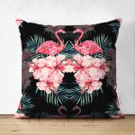 - Suet-K-3314 - Realhomes  Siyah Zeminde Lilyum ve Flamingo Çift Taraflı Özel Tasarım Süet Yastık Kırlent Kılıfı Realhomes