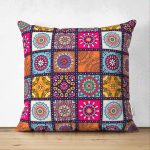 - Suet-K-3316 - Realhomes  Kareli Etnik Desenli Çift Taraflı Özel Tasarım Süet Yastık Kırlent Kılıfı Realhomes