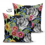 - Suet-K-3318-1 - Realhomes Çift Taraflı Siyah Zeminde Leopar ve Çiçekler Özel Tasarım Süet Yastık Kırlent Kılıfı Realhomes