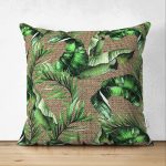 Çift Taraflı Çuval Zeminde Yeşil Yaprak Desenli Özel Tasarım Süet Yastık Kırlent Kılıfı Realhomes