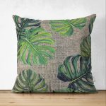 - Suet-K-3329 - Realhomes  Çift Taraflı Çuval Zeminli Palmiye Yaprakları Özel Tasarım Süet Yastık Kırlent Kılıfı Realhomes