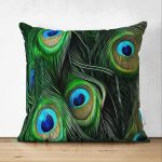 - Suet-K-3331 - Realhomes  Çift Taraflı Koyu Zeminde Renkli Tüyler Özel Tasarımlı Dekoratif Süet Yastık Kırlent Kılıfı Realhomes