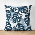 - Suet-K-3337 - Realhomes Çift Taraflı Mavi Renkli Palmiye Yaprakları Dijital Baskılı Süet Yastık Kırlent Kılıfı Realhomes