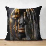 - Suet-K-3339 - Realhomes Çift Taraflı Gold Afrika Woman Tasarımlı 3D Modern Süet Yastık Kırlent Kılıfı Realhomes