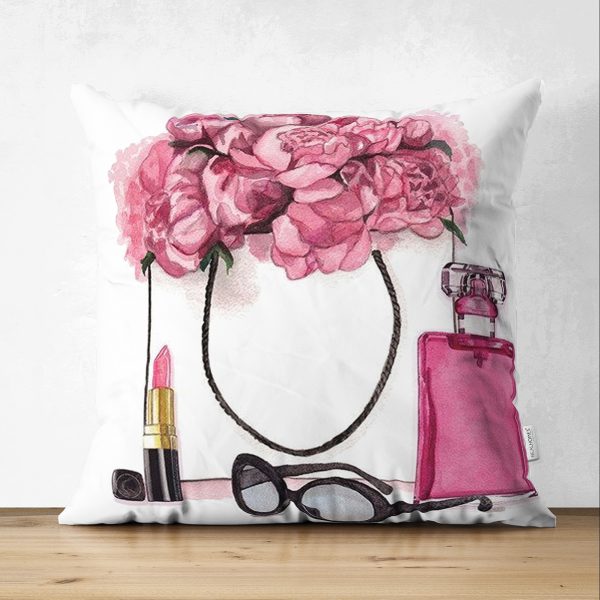 - Suet-K-3353 - Realhomes  Çift Taraflı Coco Parfüm Tasarımlı Dijital Baskılı 3D Süet Yastık Kırlent Kılıfı Realhomes