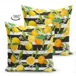Çift Taraflı Çizgili Siyah Zeminli Limon Desenli Dekoratif Süet Yastık Kırlent Kılıfı Realhomes
