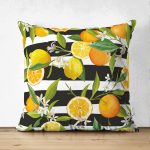 Çift Taraflı Çizgili Siyah Zeminli Limon Desenli Dekoratif Süet Yastık Kırlent Kılıfı Realhomes