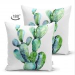 Çift Taraflı Suluboya Kaktüs Çizimli Modern Tasarım 3D Süet Yastık Kırlent Kılıfı Realhomes