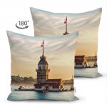 - Suet-K-336-1 - Realhomes  Çift Taraflı Kız Kulesi Dijital Baskılı Dekoratif Süet Yastık Kırlent Kılıfı Realhomes