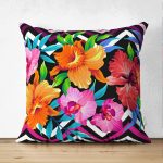 - Suet-K-3367 - Realhomes  Çift Taraflı Zigzag ve Çiçekler Özel Tasarım Dekoratif Süet Yastık Kırlent Kılıfı Realhomes