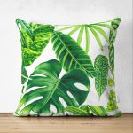 - Suet-K-3368 - Realhomes  Çift Taraflı Beyaz Zeminde Watercolor Yapraklar Özel Tasarımlı Süet Yastık Kırlent Kılıfı Realhomes