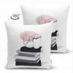 - Suet-K-3371-1 - Realhomes  Çift Taraflı Gül Kitap ve Kahve Tasarımlı Dijital Baskılı Süet Yastık Kırlent Kılıfı Realhomes