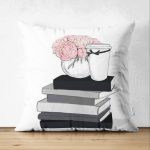 - Suet-K-3371 - Realhomes  Çift Taraflı Gül Kitap ve Kahve Tasarımlı Dijital Baskılı Süet Yastık Kırlent Kılıfı Realhomes