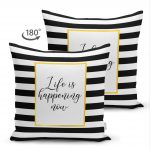 - Suet-K-3382-1 - Realhomes Çift Taraflı Siyah Beyaz Gold Yazılı Modern Dekoratif Süet Yastık Kırlent Kılıfı Realhomes