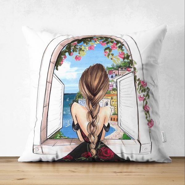 - Suet-K-3383 - Realhomes  Çift Taraflı Mavi Amazon Yaprakları Özel Tasarımlı Dekoratif Süet Yastık Kırlent Kılıfı Realhomes