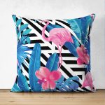 - Suet-K-3389 - Realhomes  Çift Taraflı Geometrik Mavi Pempe Flamingo Tasarımlı Dijital Baskılı Süet Yastık Kırlent Kılıfı Realhomes