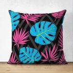 - Suet-K-3392 - Realhomes  Çift Taraflı Siyah Zeminde Pempe Mavi Zambak Desenli Modern Süet Yastık Kırlent Kılıfı Realhomes