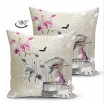 - Suet-K-341-1 - Realhomes Çift Taraflı Kuş Desenli Dijital Baskılı Dekoratif Süet Yastık Kırlent Kılıfı Realhomes