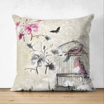 - Suet-K-341 - Realhomes Çift Taraflı Kuş Desenli Dijital Baskılı Dekoratif Süet Yastık Kırlent Kılıfı Realhomes