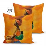- Suet-K-3413-1 - Realhomes  Çift Taraflı Turuncu Afrikan Women Tasarımlı Dijital Baskılı Süet Yastık Kırlent Kılıfı Realhomes