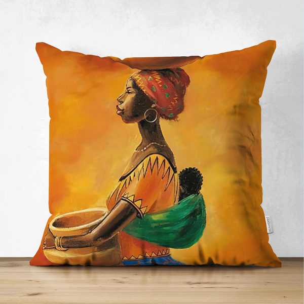 - Suet-K-3413 - Realhomes  Çift Taraflı Turuncu Afrikan Women Tasarımlı Dijital Baskılı Süet Yastık Kırlent Kılıfı Realhomes