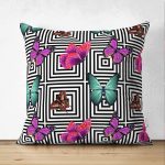 - Suet-K-3485 - Realhomes  Çift Taraflı Geometrik Zeminde Renkli Kelebekler Özel Tasarım Süet Kırlent Kılıfı Realhomes