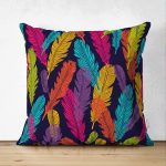 - Suet-K-3490 - Realhomes  Çift Taraflı Lacivert Zeminde Renkli Tüyler Özel Tasarımlı Süet Yastık Kılıfı Realhomes