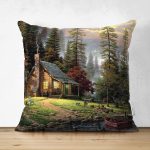 - Suet-K-4 - Realhomes Çift Taraflı Dağ Evi Manzaralı Dijital Baskılı Modern Süet Yastık Kırlent Kılıfı Realhomes