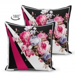 - Suet-K-4236-1 - Realhomes  Siyah Zemin Pembe ve Mavi Güller Özel Tasarım Çift Taraflı Süet Yastık Kırlent Kılıfı Realhomes