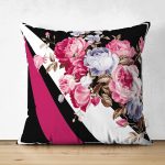 - Suet-K-4236 - Realhomes  Siyah Zemin Pembe ve Mavi Güller Özel Tasarım Çift Taraflı Süet Yastık Kırlent Kılıfı Realhomes