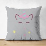 - Suet-K-4305 - Realhomes  Çift Taraflı Gri Zeminde Unicorn Desenli Çocuk Odası Süet Yastık Kırlent Kılıfı Realhomes