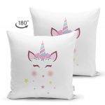 - Suet-K-4306-1 - Realhomes  Çift Taraflı Beyaz Zeminde Unicorm Motifli Çocuk Odası Süet Yastık Kırlent Kılıfı Realhomes