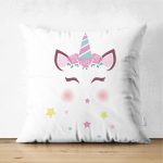 - Suet-K-4306 - Realhomes  Çift Taraflı Beyaz Zeminde Unicorm Motifli Çocuk Odası Süet Yastık Kırlent Kılıfı Realhomes