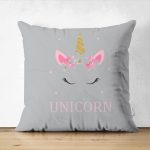 - Suet-K-4307 - Realhomes  Çift Taraflı Gri Zeminde Unicorn Desenli Çocuk Odası Süet Yastık Kırlent Kılıfı Realhomes