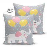 - Suet-K-4308g-1 - Realhomes  Çift Taraflı Gri Zeminde Fil ve Balon Desenli Çocuk Odası Süet Yastık Kırlent Kılıfı Realhomes