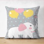 - Suet-K-4308g - Realhomes  Çift Taraflı Gri Zeminde Fil ve Balon Desenli Çocuk Odası Süet Yastık Kırlent Kılıfı Realhomes