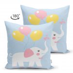 - Suet-K-4308m-1 - Realhomes Çift Taraflı Mavi Zeminde Fil ve Balon Desenli Çocuk Odası Süet Yastık Kırlent Kılıfı Realhomes