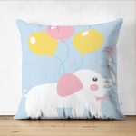 - Suet-K-4308m - Realhomes Çift Taraflı Mavi Zeminde Fil ve Balon Desenli Çocuk Odası Süet Yastık Kırlent Kılıfı Realhomes